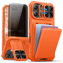 SSLOTSCASE for iPhone 17 Case with 2X Privacy Screen Protector, Hidden Card Holder & Camera Stand & Kickstand & Slide Camera Lens Cover & Wallet, Hard Phone Case Cover for iPhone 17 6.3'', Orange