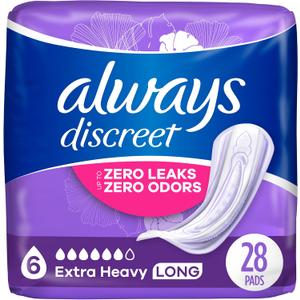 Always Discreet for Bladder Leaks, Ultimate Overnight, Long Length, 28 Pads 