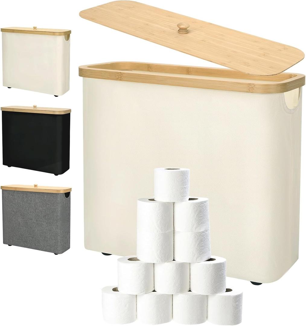 Toilet Paper Storage 30L - Waterproof Toilet Paper Basket with Bamboo Lid and Handle, Bathroom Organizer (Light Beige)