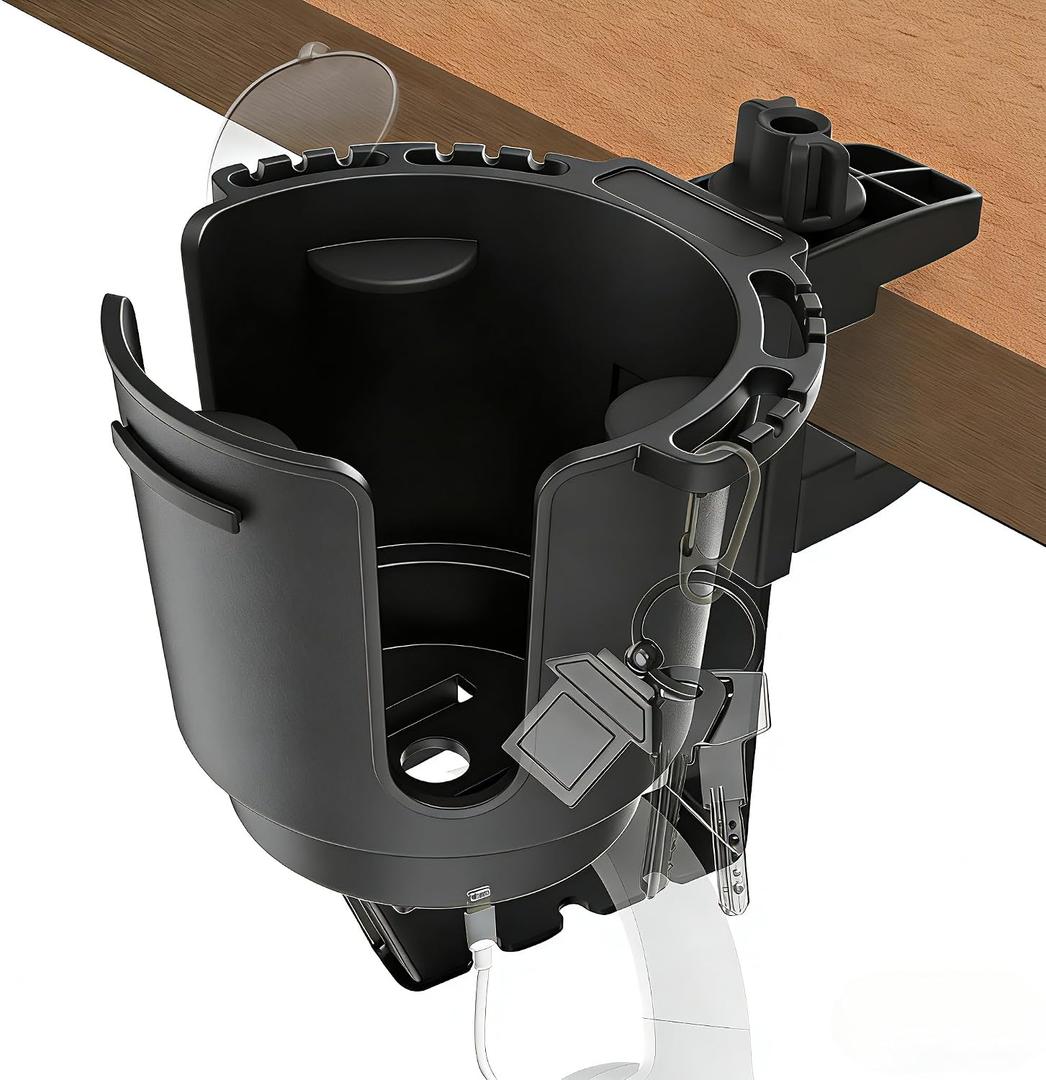Desk Cup Holder with Headphone Hanger, Clip on Cup Holders for Desks with Spill-Proof Cup Design, Easy to Install, Enough to Hold 8-28OZ Coffee Cups, Water Bottles. (Black, Large)