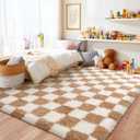 Area Rugs for Living Room 8x10, Cream & Camel Ultra Fluffy Checkered Rug