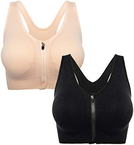 FLORATA Women's Zip Front Sports Bra Seamless Wirefree Post Surgery Bra Padded Sports Bras Yoga Bra with Removable Cups, Large