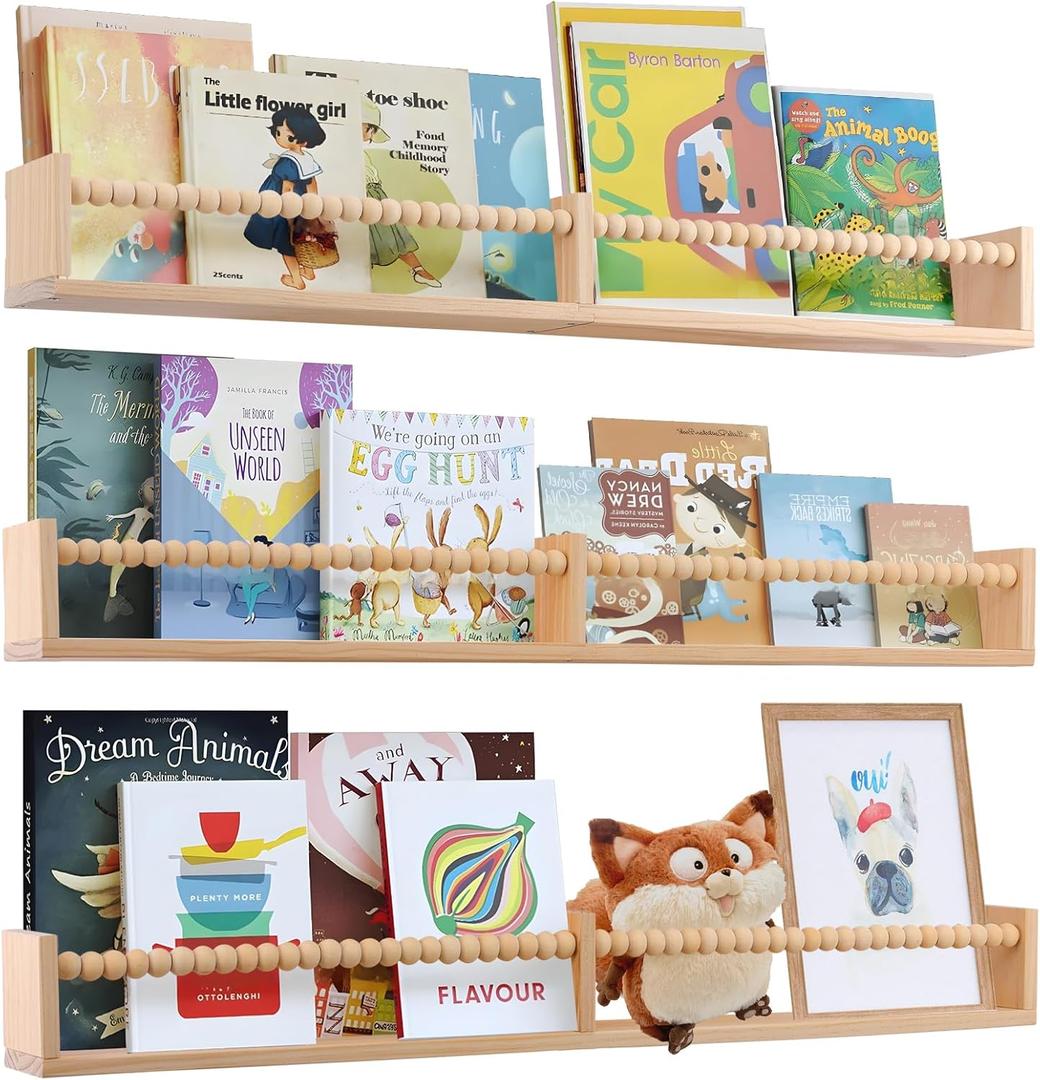 birola Nursery Book Shelves for Kids Rooms - 32 Inches Floating Wall Bookshelves Set of 3, Space-Saving Nursery Shelves with Beads Design for Kids Room, Bedroom and Study Room(Natural)