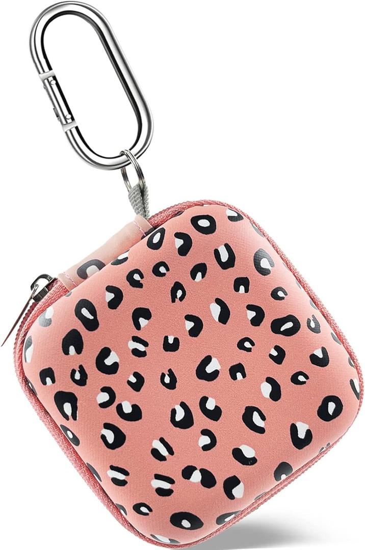Square Earbud Case Headphone Organizer Ear Bud Case Portable EVA Carrying Box Storage Bag with Carabiner for AirPods Beats Bose Galaxy Buds 3 Data Cable Storage (Pink Leopard)