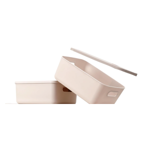 2 Pcs Plastic Storage Baskets With Lid Organizing Container Lidded Knit Storage Organizer Bins for Shelves Drawers Desktop Closet Playroom Classroom Office (2S, Light grey)