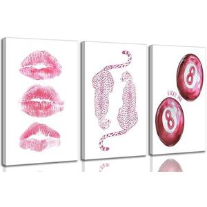 3Pcs Trendy Pink Leopard Canvas Wall Art Funky Retro Fashion Cheetah Kiss Lips Lucky 8 Ball Aesthetic Painting Pictures Wall Decor Poster Prints Artwork for Girls Dorm Living Room Bedroom