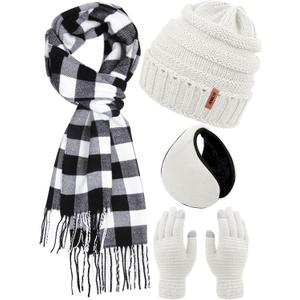 Aneco Winter Warm Knitted Sets Buffalo Plaid Scarf Beanie Hat Touch Screen Gloves and Winter Ear Warmer Set for Men or Women (White)