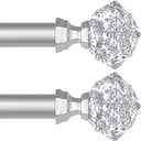 TONIAL 2 Pack Curtain Rods 32 to 58 Inch(2.6 to 4.8 ft), Telescoping Splicing 3/4 Single Rods for Windows 20 to 53 Inch(1.7 to 4.4 ft) Decorative Drapery Rod with Translucent Diamond Finial, Silver 2 Pcs