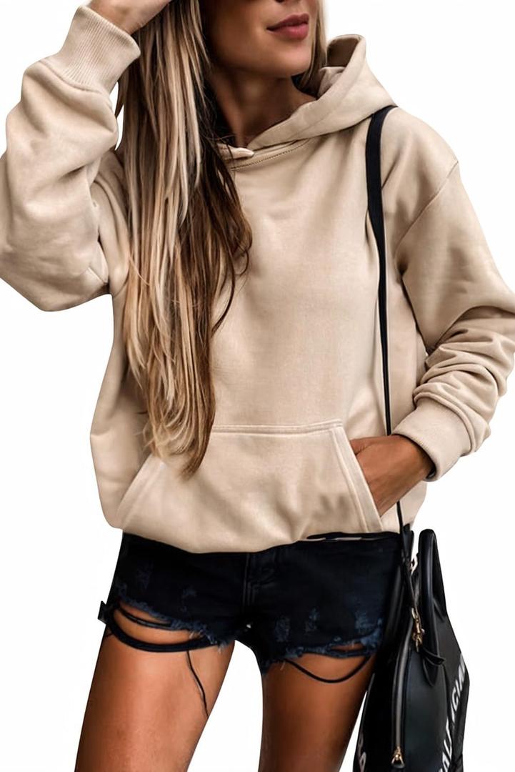 SHEWIN Women's Casual Hoodies Long Sleeve Solid Lightweight Pullover Tops Loose Sweatshirt with Pocket (XX-Large, 1 Apricot)