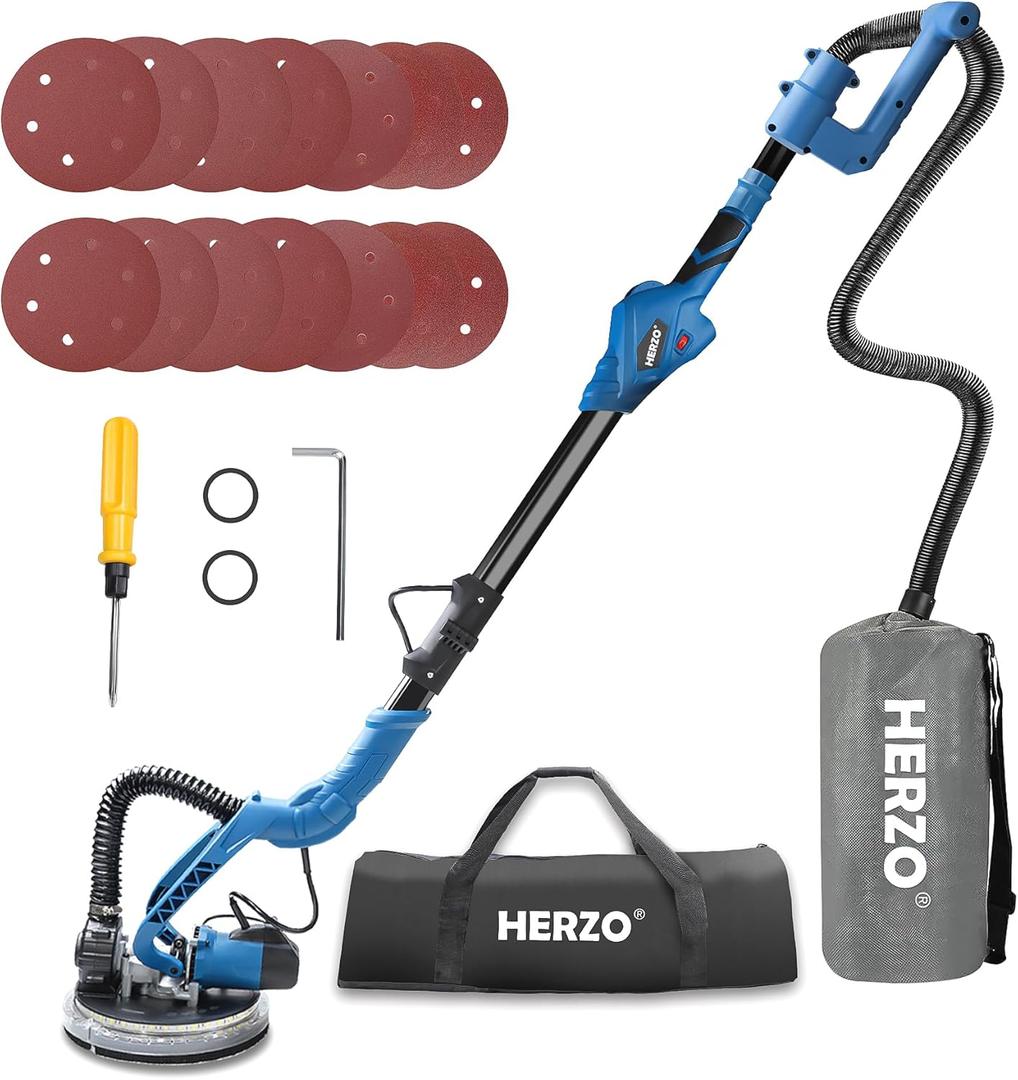 HERZO Drywall Sander,750W 6.5A Electric Sander with Variable Speed 1000-1850 RPM,Vacuum Attachment Powerful Wall Sander with 12Pcs Sanding discs,Extendable Handle, LED Light