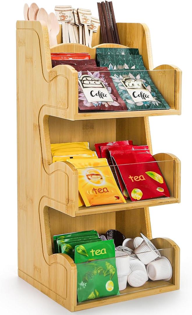 3 Tier Bamboo Coffee Condiment Station, 6 Compartments Coffee Tea Holder with Removable Acrylic Front Wall, Tabletop Organizer Sugar Pod Utensil for Countertop, Office, Home, Kitchen