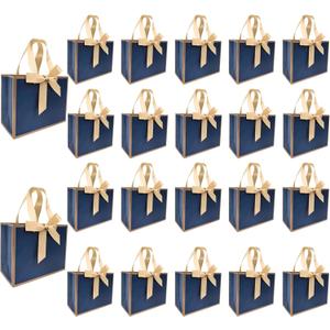 TKSBAG 50 PCS Small Navy Blue Gold Gift Bags with Bow Ribbon - 6.4x3.1x5.1 Inch Thank You Bags with Handles, Bulk for Baby Shower, Bridal Shower, Wedding, Party Favors, Mother's Day