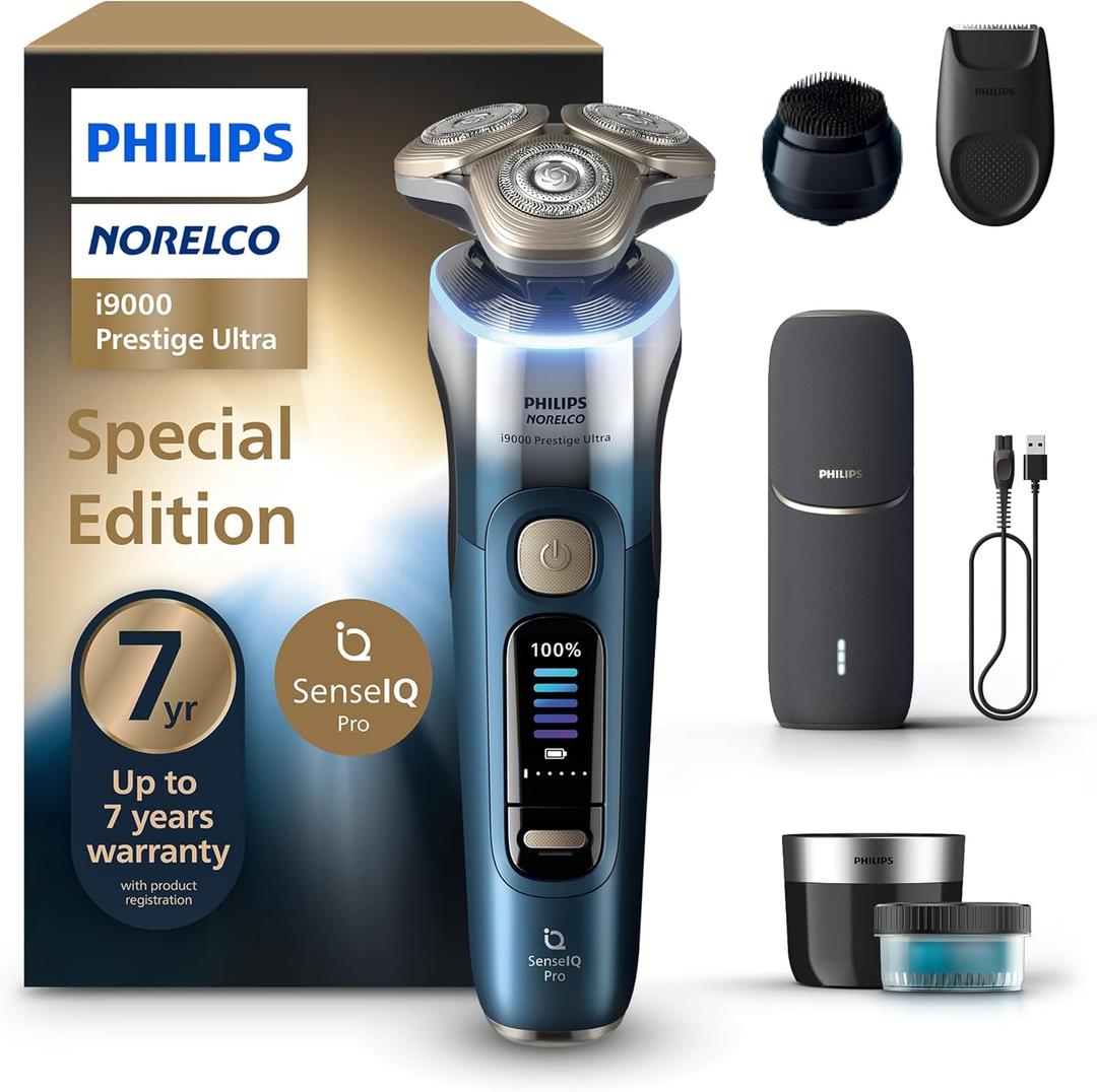 Philips Norelco Shaver i9000 Prestige Ultra Special Edition - Wet & Dry Electric Shaver, SenseIQ Pro Technology, Triple Lift & Cut System, 360 Rotating NanoTech Precision Blades, Model XP9406/93 (i9000 Prestige+UV Charge Case,QCP,Trimmer & Brush, Black)