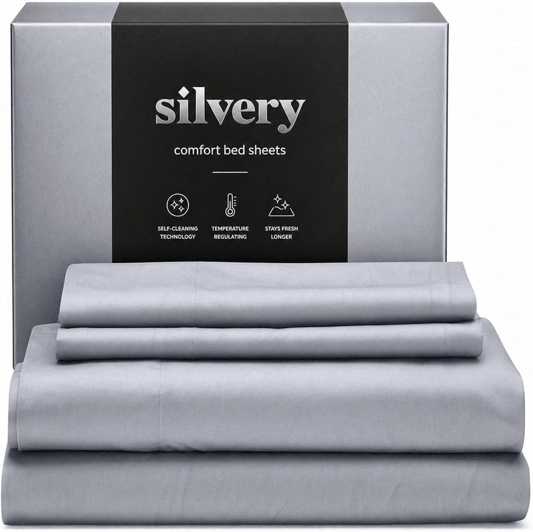 Silvery Silver Infused Bed Sheets Set - Ultra-Soft Temperature-Regulating Fabric with Self-Cleaning Technology™ that Stays Fresh 3X Longer for Hygienic Sleep