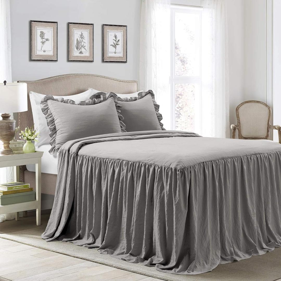 Lush Decor Ruffle Skirt Bedspread 3 Piece Set, Queen, Dark Gray - Gray Queen Bedding - Ruffled Bedspread - Vintage Farmhouse Decor