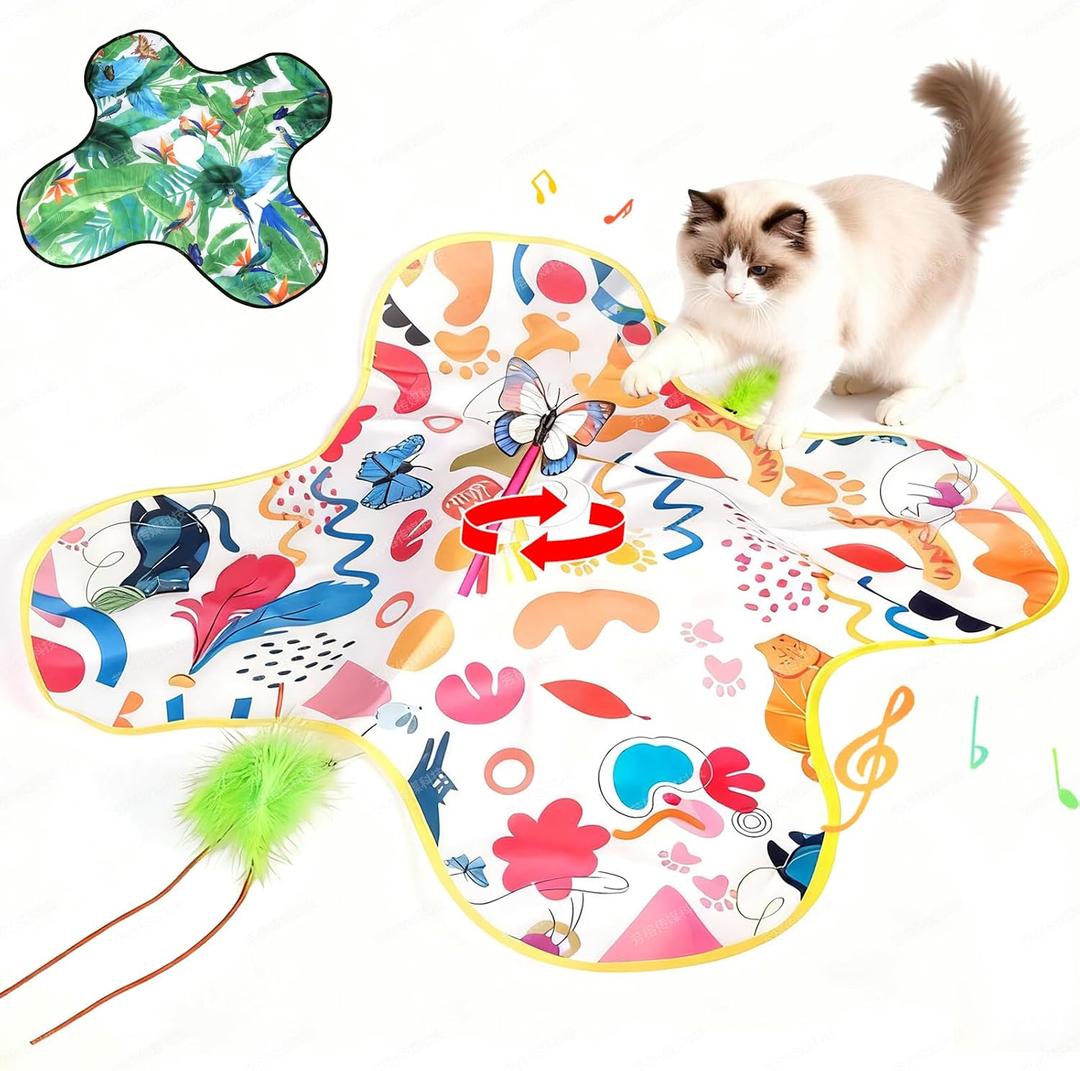 Cat Toys for Indoor Cats, 4in 1 Interactive Cat Toys Rechargeable with Butterfly, Feathers, Setaria Viridis, Real Animal Squeaky, Indoor Kitty Exercise Automatic Pet Toys with 2 Covers for All Breeds