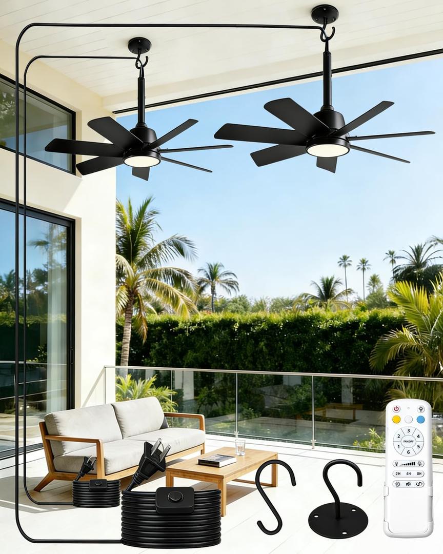 NWOP 28'' Outdoor Ceiling Fans with Lights and Remote, LED Gazebo Hanging Fan with Hook, 3CCT 3000K-6500K Dimmable Gazebo Fan, 6-Speed Quiet Ceiling Fan with Timer for Patio, Porch, Pergola, 2-Black