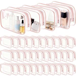 VZZNN 36 Pack Clear Makeup Bag Bulk Clear Makeup Bags with Zipper, PVC Waterproof Cosmetic Organizer Case for Makeup Artists, for Travel, Pouches for Skin Care Products, Brushes, Tools, Pink