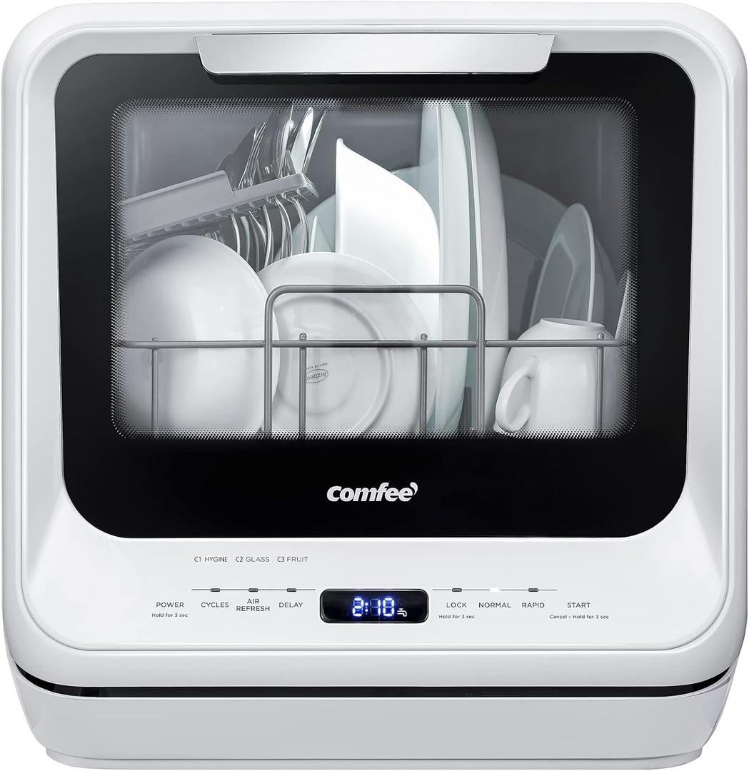 COMFEE' Portable Dishwasher Countertop with 5L Built-in Water Tank, No Hookup Needed, 6 Programs, 360 Dual Spray, 192 High-Temp& Air-Dry Function, Mini Dishwasher for RVs, White