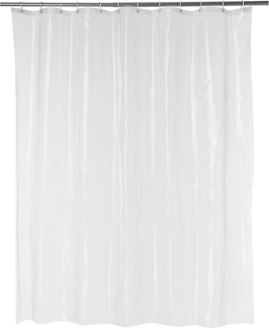 Amazon Basics Water Resistant 8-Gauge PEVA Shower Curtain Liner with Metal Grommets and Plastic Hooks, 72"L x 72"W, Clear (72"W x 72"L (Pack of 1))