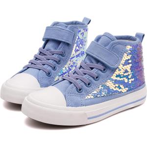 Toandon Girls Kids Canvas Shoes Sneakers for Toddler Boys Color Change Flipping Sequins Glitter Sparkle Slip On High Top Adjustable Hook Loop Straps Velcro Non-Slip Lightweight Blue Size 1