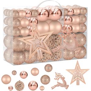 102PCS Assorted Rose Gold Christmas Ornaments - Shatterproof Xmas Tree Decorations Set