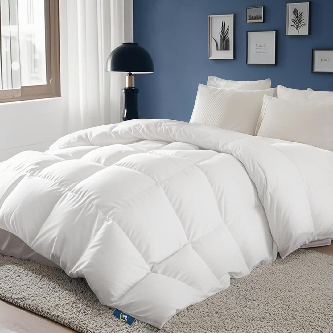 Serta European Down Comforter King Size All Season, 100% Cotton, 600 Fill Power Extra Fluffy, Made in USA, White Down Duvet Insert, Lightweight Medium Warmth, Hotel Style, 106"x 90" White