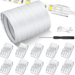 10 Pcs LED Strip Connectors 32.8ft RGB Extension Cable Wire Cord Kit Transparent Solderless Track Lighting Connector for Waterproof or Non Waterproof LED RGB Strip Light