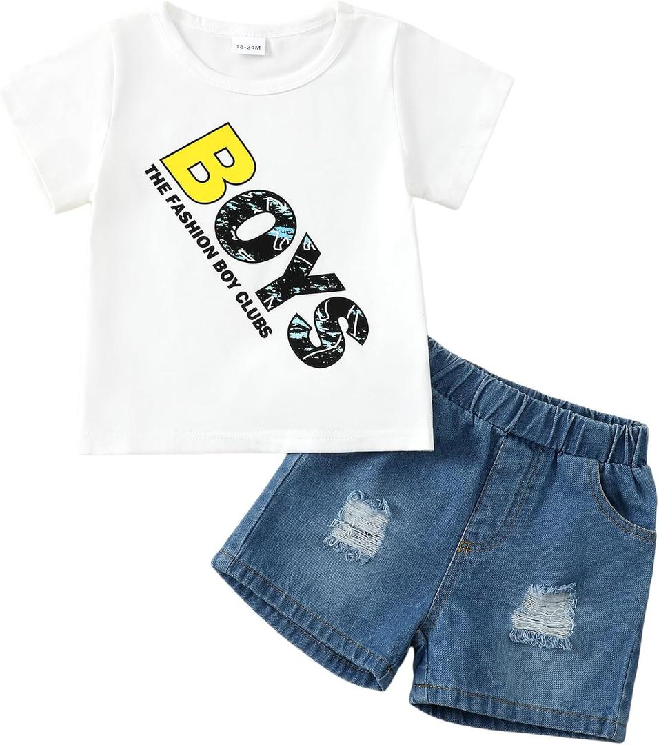 NZRVAWS Baby Boy Clothes Toddler Boy Outfit 2 3 4T 6 12 18 24 Months Spring Summer Letter Printed T Shirt Shorts Ripped Jean