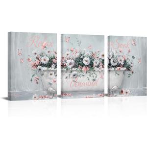 WELMECO Bathroom Decor Wall Art Flower Bathtub Painting Bathroom Signs Relax Soak Unwind Prints Framed 12"x16"x3 Pieces (Pink)