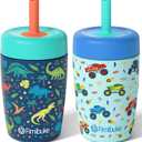 Fimibuke Kids & Toddler Cups Spill Proof, 12 OZ Insulated Sippy Cups for Toddlers Boys Girls, BPA-Free Toddler Straw Tumbler, Stainless Steel Kids Water Bottle with Twist Lids & Silicone Straw, 2 Pack (Dinosaur & Monster Trucks)