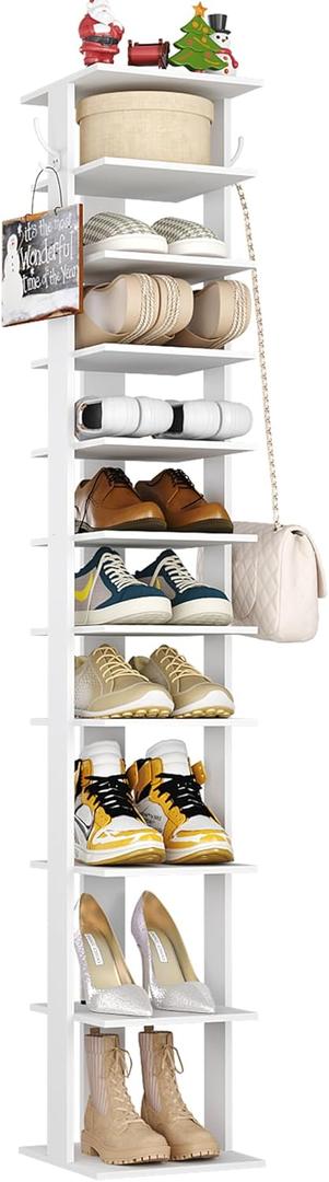 HOMEFORT 10-Tier Vertical Shoe Rack, Corner Shoe Tower, Slim Shoe Organizer with Two Hanging Hooks, Wooden Shoe Storage Stand for Entryway, Hallway, Closet (White), 11.02"D x 11.02"W x 62.2"H