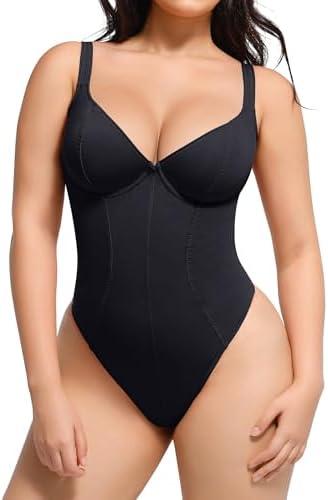 SHAPELLX Slimming Bodysuits for Women Tummy Control Thong Shapewear Built in Bra Body Control Body Suit Faja Body Shaper, Small