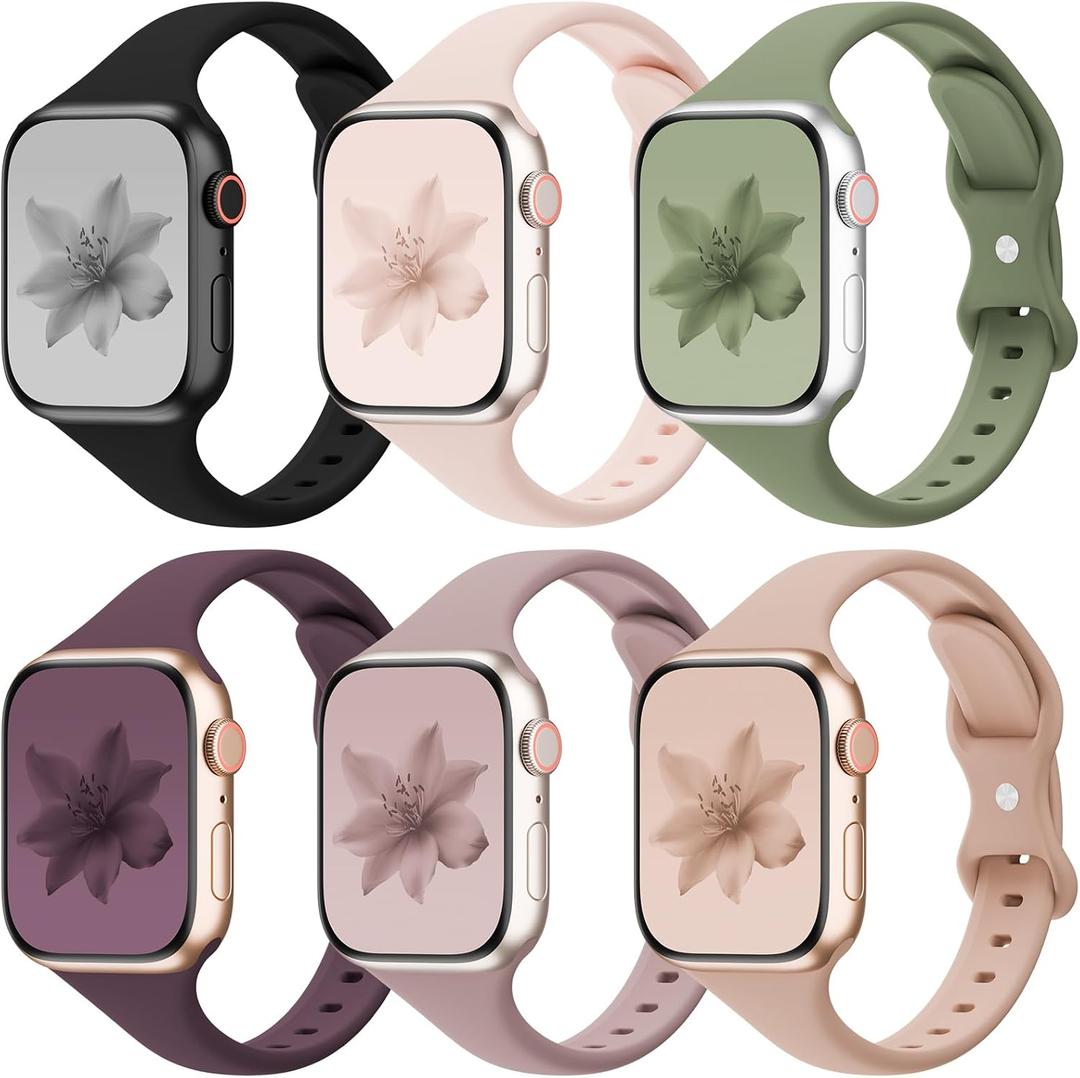 6 Pack Thin Slim Bands Compatible with Apple Watch 38mm 40mm 41mm 42mm Women Men, Replacement Soft Silicone Sport Strap for iWatch Series 11/10/9/8/7/6/5/4/3/2/1 Ultra SE