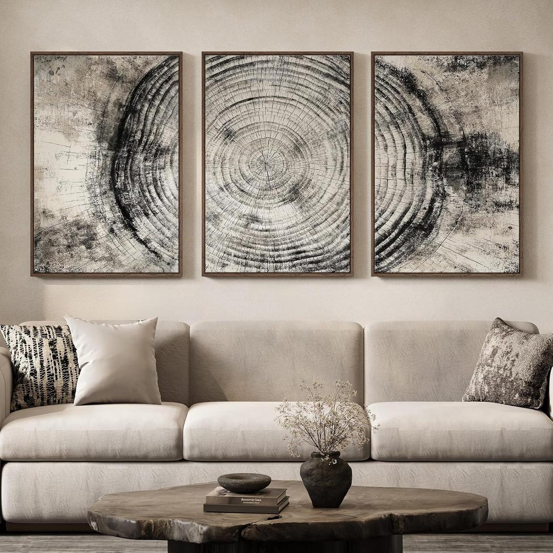 Large Framed Tree Rings Canvas Wall Art for Living Room, 3 Piece Black Gray Modern Farmhouse Wood Stump Artwork for Walls, Rustic Neutral Nature Picture Prints Paintings for Bedroom Hallway 24x36 Inch, 24"W x 36"Hx 3 Pcs