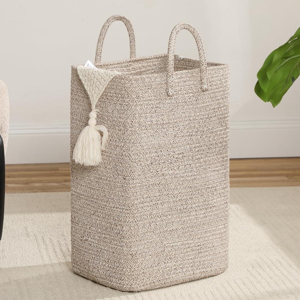 Tall Laundry Basket,Woven Cotton Rope Laundry Hamper Sorters,Versatile Storage for Dirty Clothes,Baby Toys,and Blankets in Bathroom, Nursery,and Living Room (Brown, 36L)