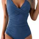 Eomenie Women's One Piece Swimsuits Tummy Control Ruched Push Up Bathing Suit Slimming Tie Back Swimwear Grayish Blue (Large)