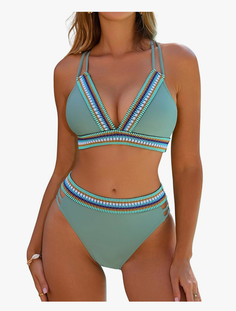Blooming Jelly Womens High Waisted Bikini Sets Color Block Two Piece Swimsuit V Neck Crisscross Back Bathing Suit, Size XL, Teal
