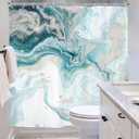 Riyidecor Teal Aqua Marble Shower Curtain Abstract Turquoise Ombre Ink Printed Luxury Texture Aesthetic Art Printed Fabric Polyester Waterproof 12 Pack Plastic Hooks for Bathroom Decor 72Wx72H