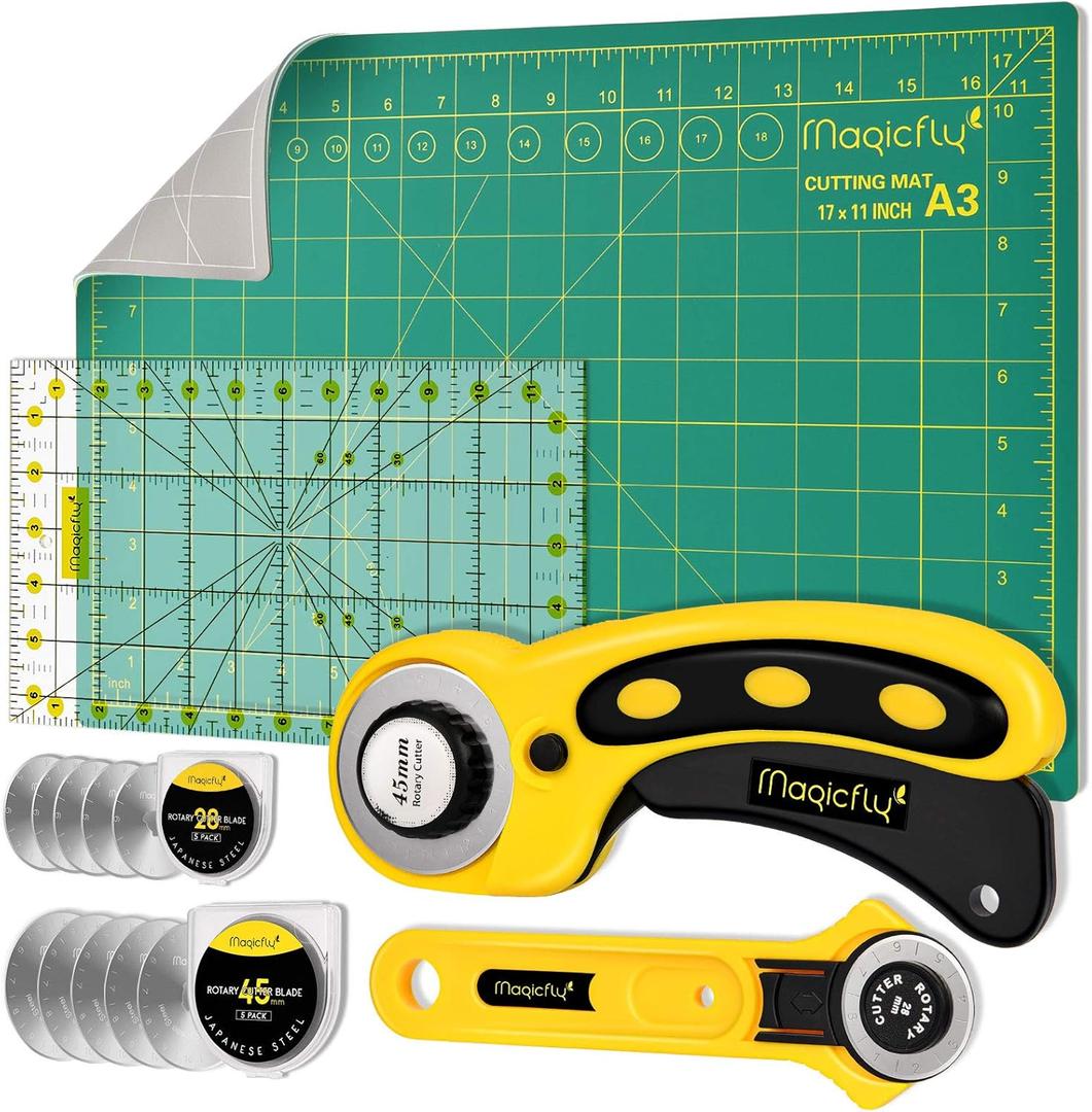 Magicfly Rotary Cutter Set, 45mm and 28mm Fabric Cutters Kit with Extra 10 Blades, A3 Double-sided Self Healing Cutting Mat, 12x6 Inch Quilting Ruler for Sewing, Fabric Cutting, Art Crafting
