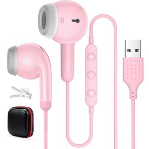 USB Earbuds for PC,Headphones with Microphone for Computer,Wired USB Headset with Mic Audio Control Noise Isolating Stereo Laptop Earphones for Dell for HP Asus for Surface Office Zoom Working Pink