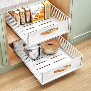 Pull out Cabinet Organizer Fixed with Adhesive Nano Film,Heavy Duty Slide out Pantry Shelves Drawer Storage,Sliding Mesh Cabinet Basket with Handle for Kitchen, Bathroom,Home, 13.8"W X 21"D X6.2"H