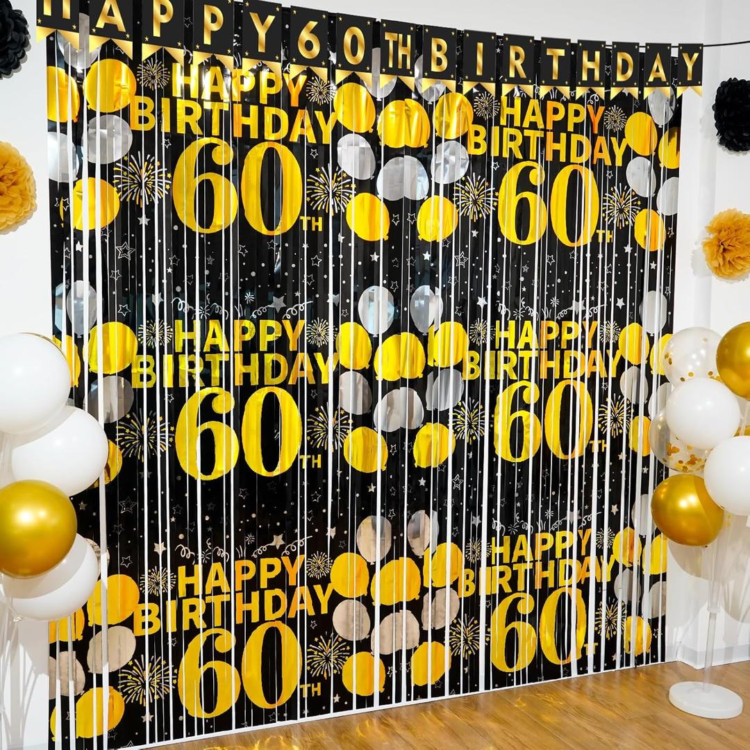 60th Birthday Decorations for Men Women, 2 Pack Black Gold Happy 60th Birthday Foil Fringe Curtains 3.3 x 6.6ft Cheers to 60 Years Old Tinsel Streamers Photo Booth Props Backdrop Party Supplies