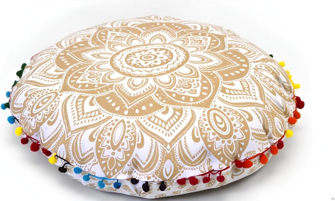 Round Mandala Floor Pillow Cover Seating Cushion Throw Cover Hippie Decorative Bohemian Ottoman Pouf Cover, Pom Pom Pillow Cases,Boho Indian 22 Inches (Gold)