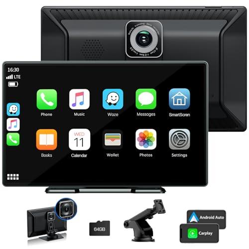 LAMTTO Portable Wireless Car Stereo Carplay with 2.5K Dash Cam,9 Inch Touchscreen GPS Navigation for Car, Car Audio Receivers with Bluetooth,Android Auto,Mirror Link,AUX/FM