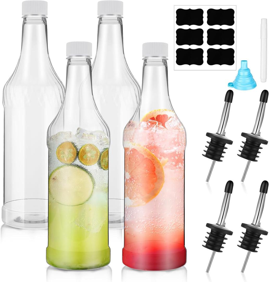 Dandat 32 oz Plastic Long Neck Bottles with Pourer and Caps Plastic Juice Pour Bottles with Stainless Steel Pourer Tapered Spout for Liquor Juice(Silver,8 Pcs)
