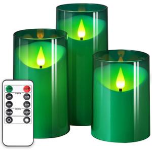 NURADA Flameless Candles: 3D Wick Battery Operated LED Pillar Acrylic Fake Candles with Remote and Timer for St. Patrick's Day Home Holiday Christmas Party Table Decor - 3 Pack Green (4"x5"x6")