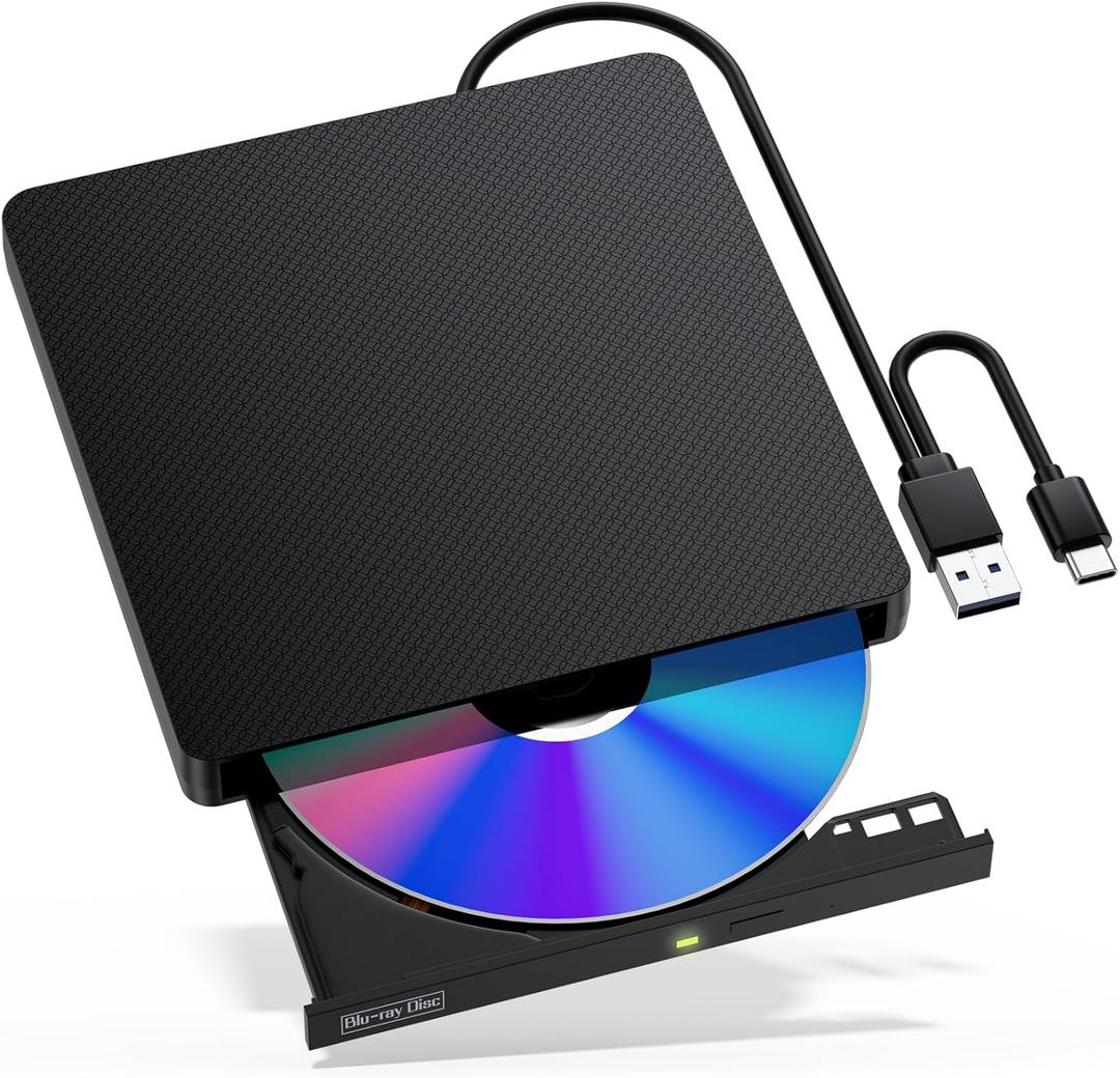 External Blu-ray Drive, USB 3.0 & Type-C BD/DVD/CD Burner  Portable Blu-ray Player with 3D Playback, Compatible with Windows, Linux, Mac OS (2 IN1)