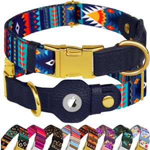 AirTag Dog Collar for Small Medium Large Breed - Adjustable Cute Pattern Dog Collar with Airtag Holder - Soft Leather Tracker GPS Apple Air Tag Pet Collars (Small, 12"-15" Neck Fit, Navajo)
