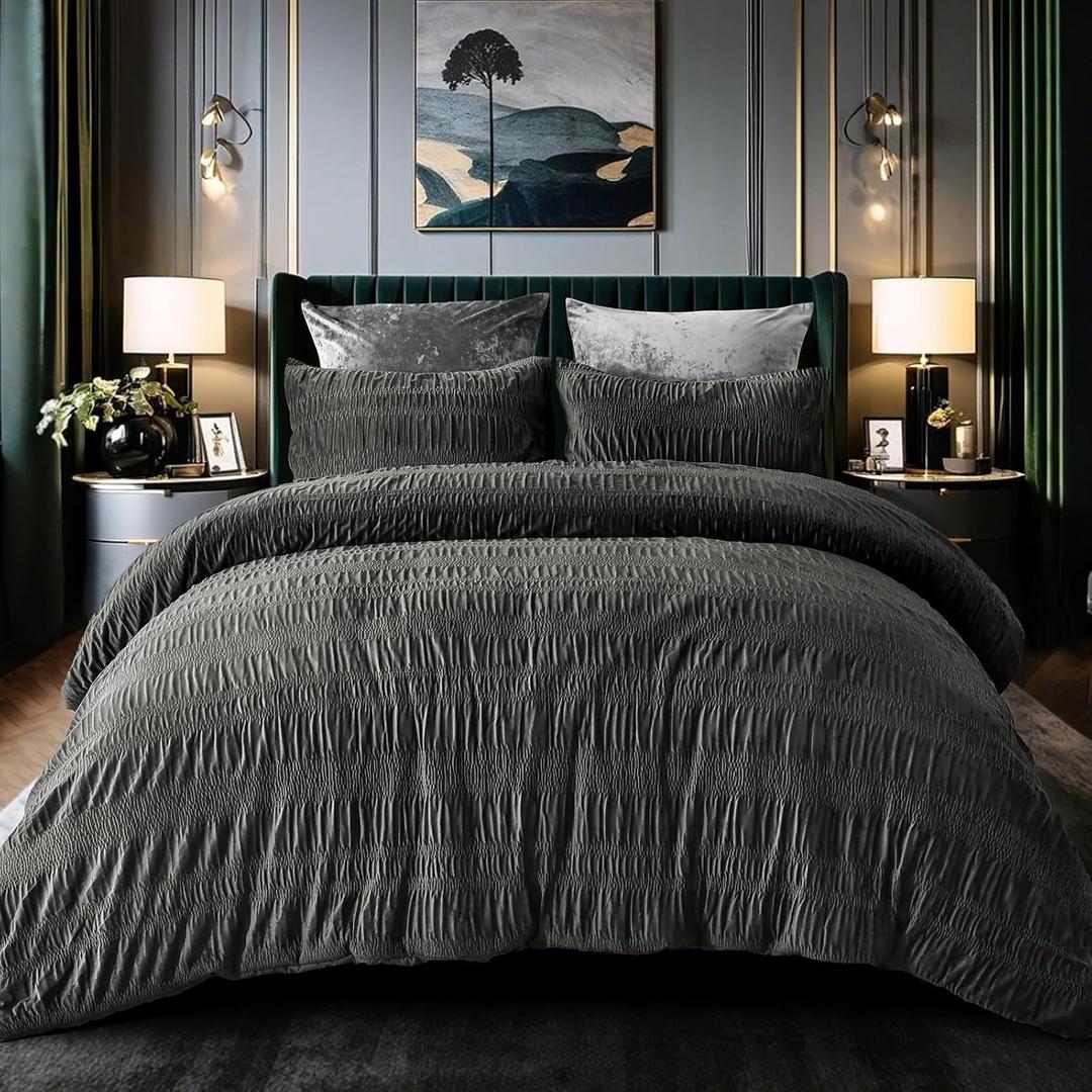 PHF Luxury Velvet Comforter Set Queen Size, 3 Pieces Ultra Soft Seersucker Ruched Bedding, Fluffy Textured Breathable Sherpa Fleece Bed Set with 1 Comforter, 2 Pillow Shams, 90"x90", Grey